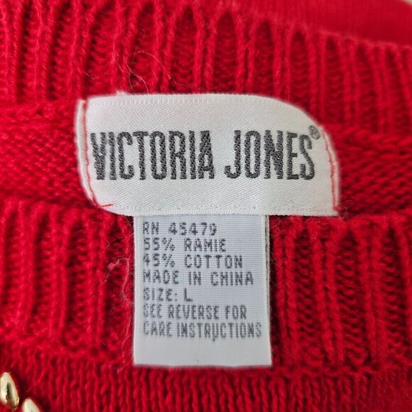 Victoria Jones Red Crewneck Sweater Womens L Gold Beading Cotton Knit 80s - Picture 5 of 9